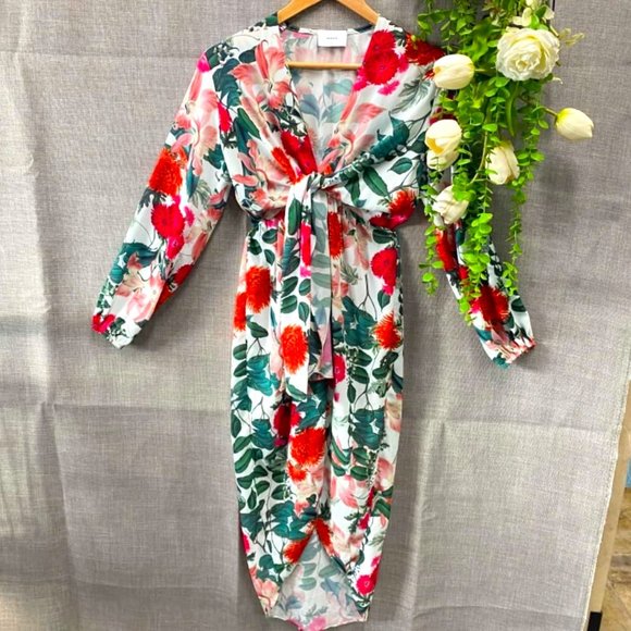 Sheike Dresses & Skirts - SHEIKE White Long Sleeve Floral Wrap Midi Dress